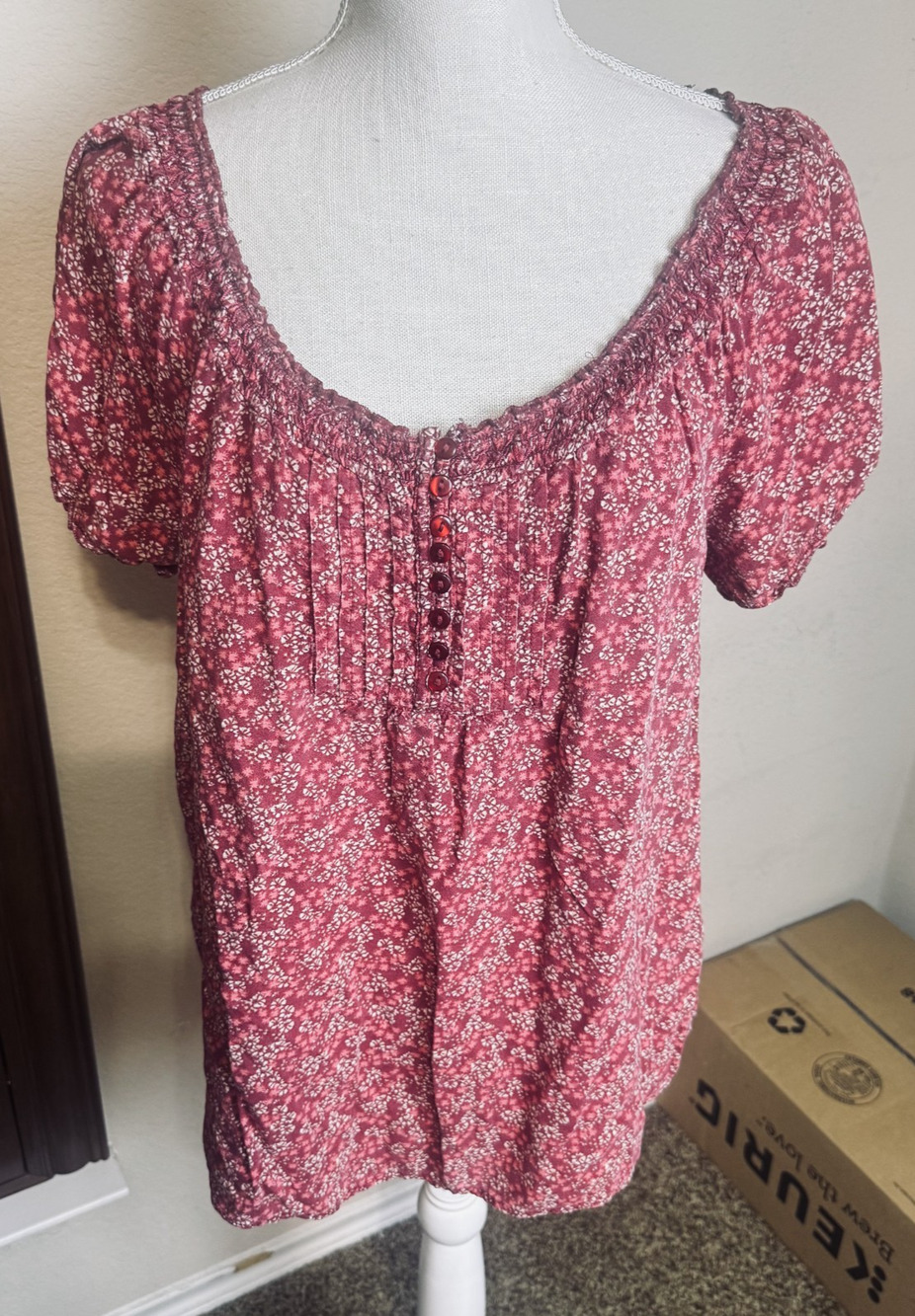 Vintage Y2K Faded Glory Top Blouse L Red Floral Peasant Prairie Cottagecore Boho